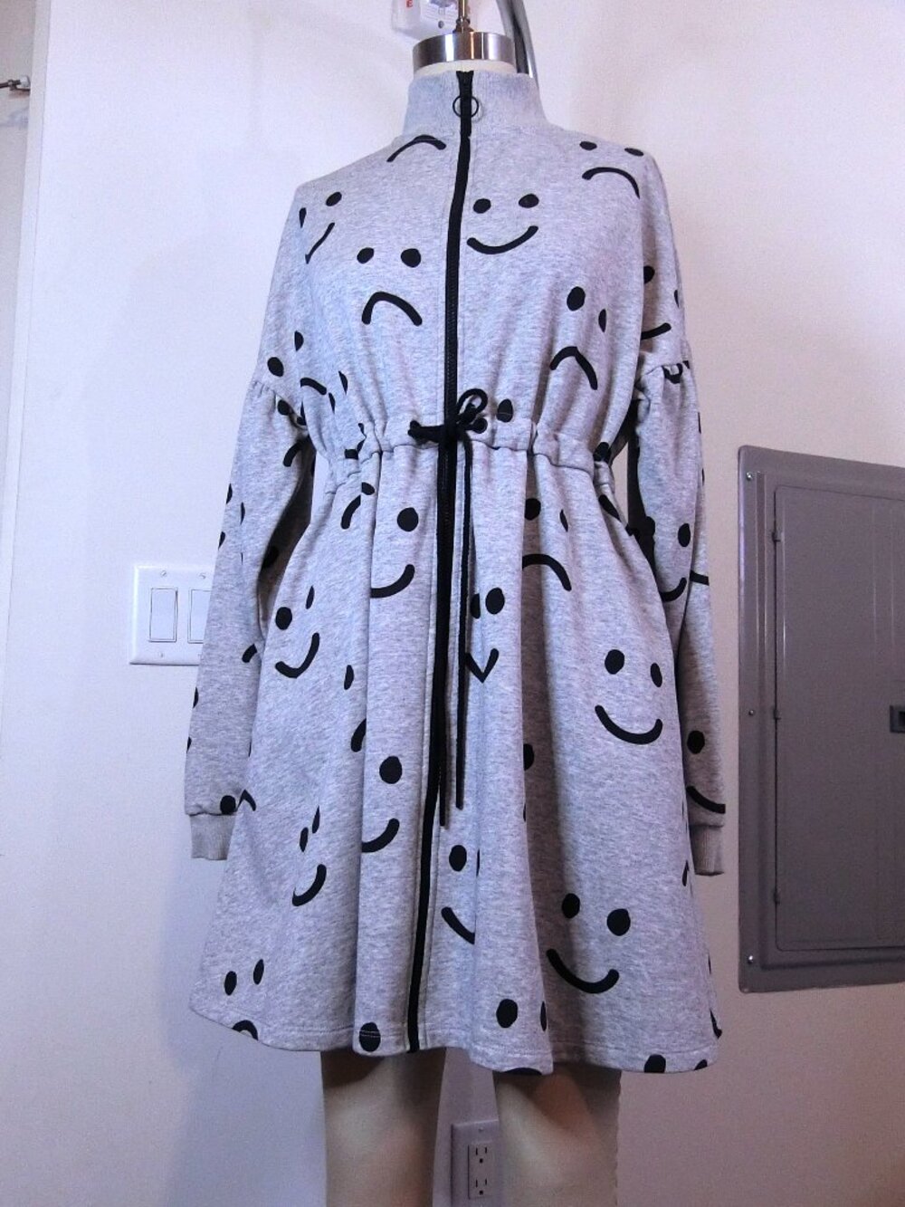 Lazy Oaf Happy Sad Sweater Dress Grey Zip Front Size M